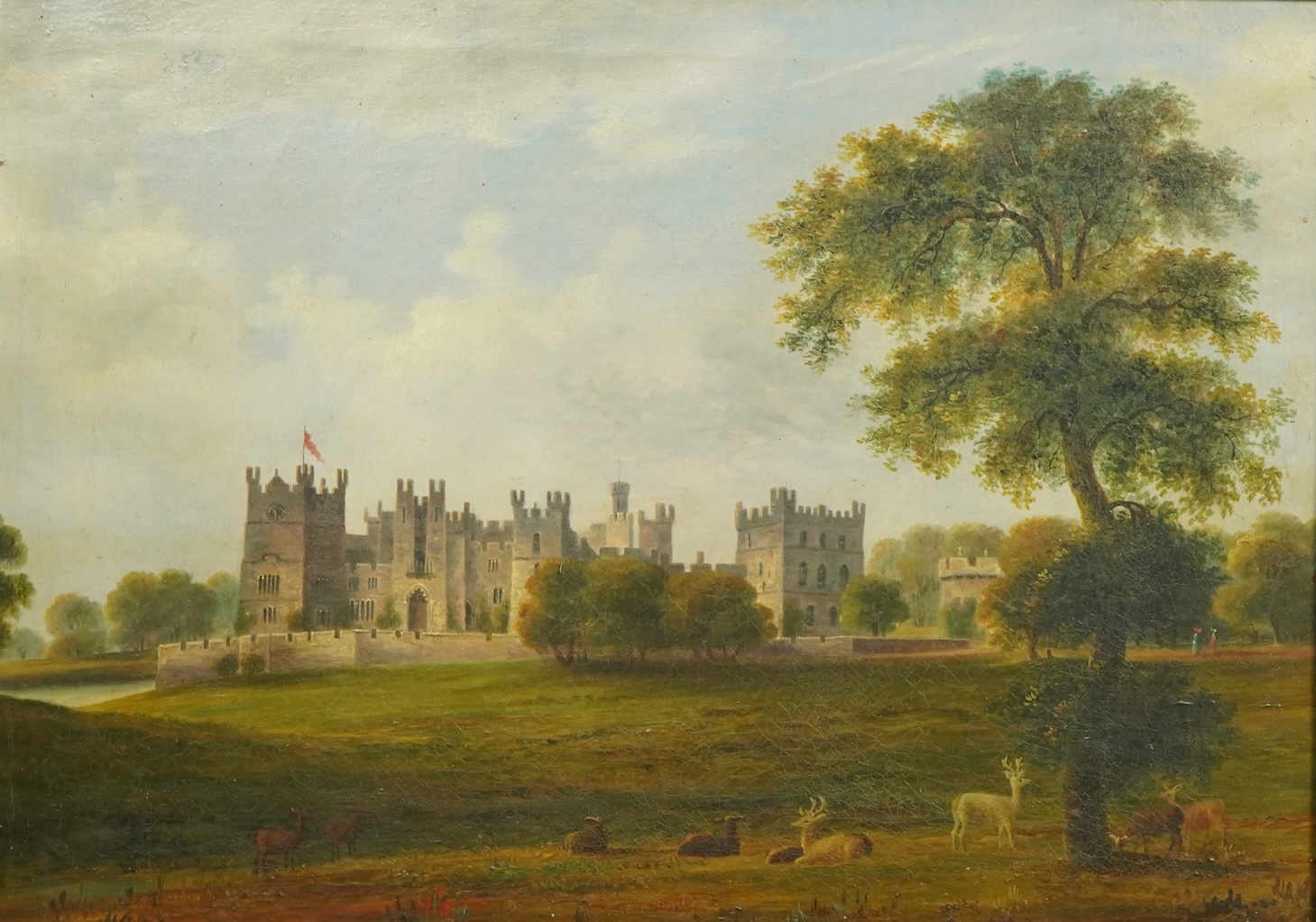 English School c.1840 , View of Raby Castle, with deer to the foreground, oil on canvas, 32 x 44cm